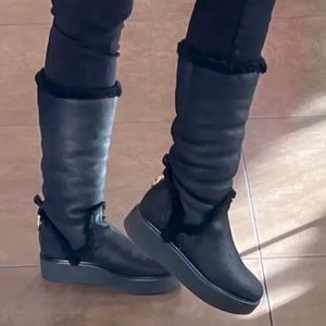 SALVATORE FERRAGAMO BLACK SHEARLING MID-THIGH PLATFORM BOOTS